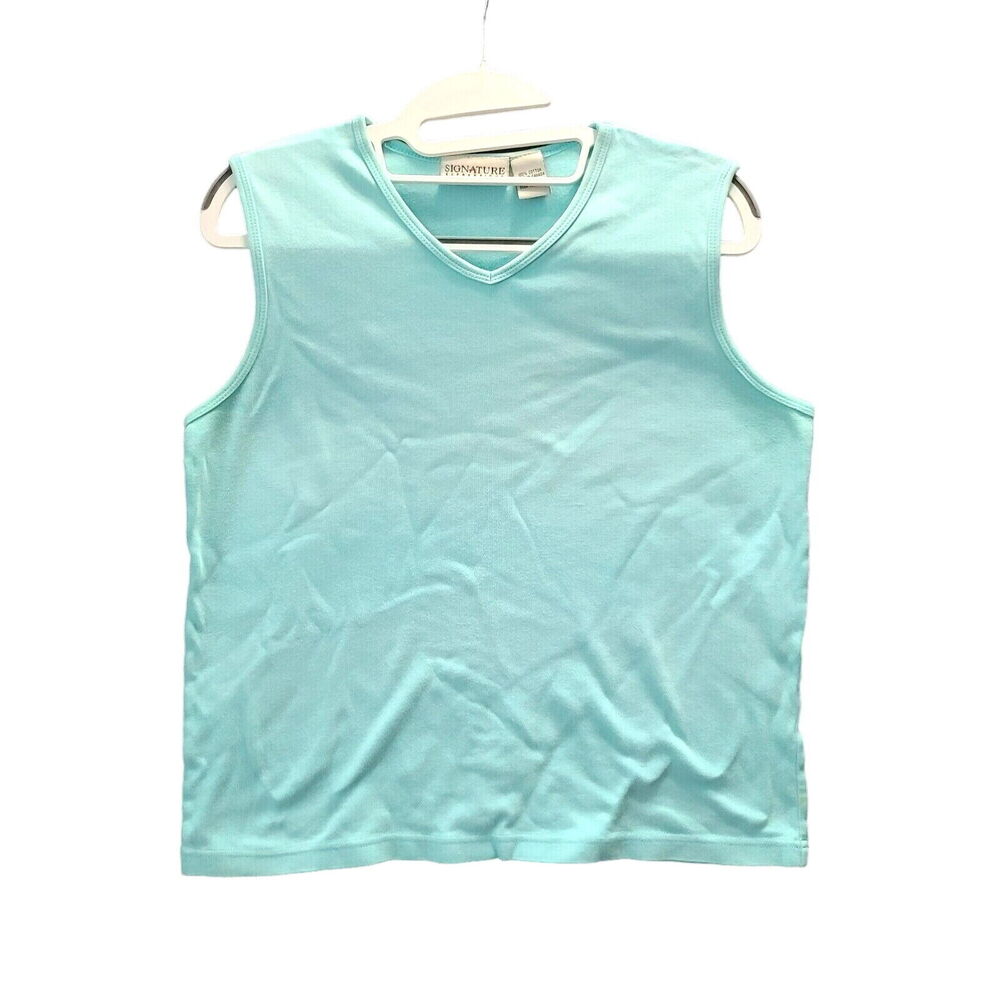 Signature Expressions Womens Tank Top Blue Size Large 100% Cotton Pullover VNeck